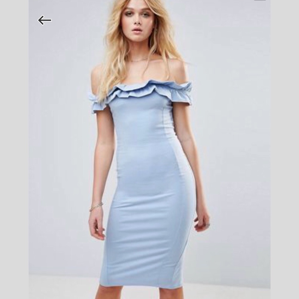 ASOS off the shoulder ruffle body con midi dress
